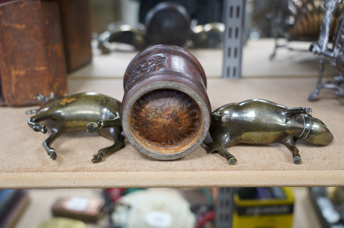 Two 19th century Chinese bronze, copper and silver inlaid censers in the form of animals and a bamboo tea caddy, largest 14cm high. Condition - fair